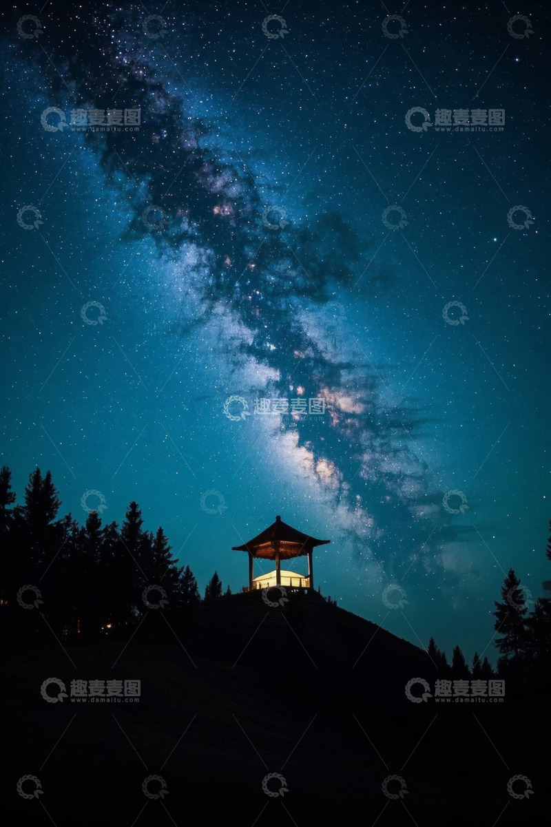 高清大图下载【趣麦麦图】夜空下山顶凉亭与璀璨星河