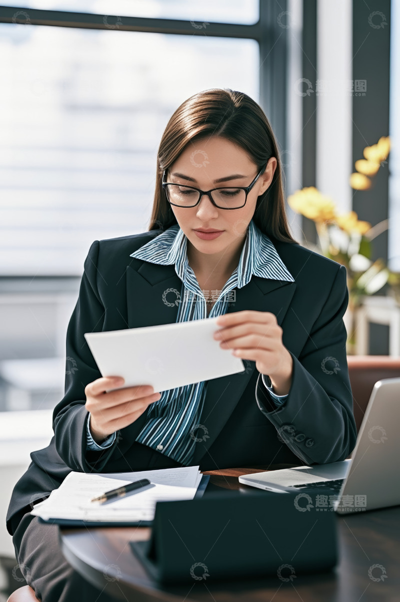高清大图下载【趣麦麦图】女商人在办公室查看文件