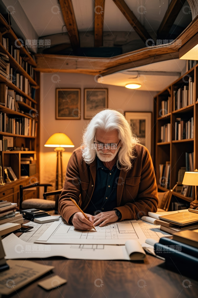 高清大图下载【趣麦麦图】白发老者书房绘制建筑图纸