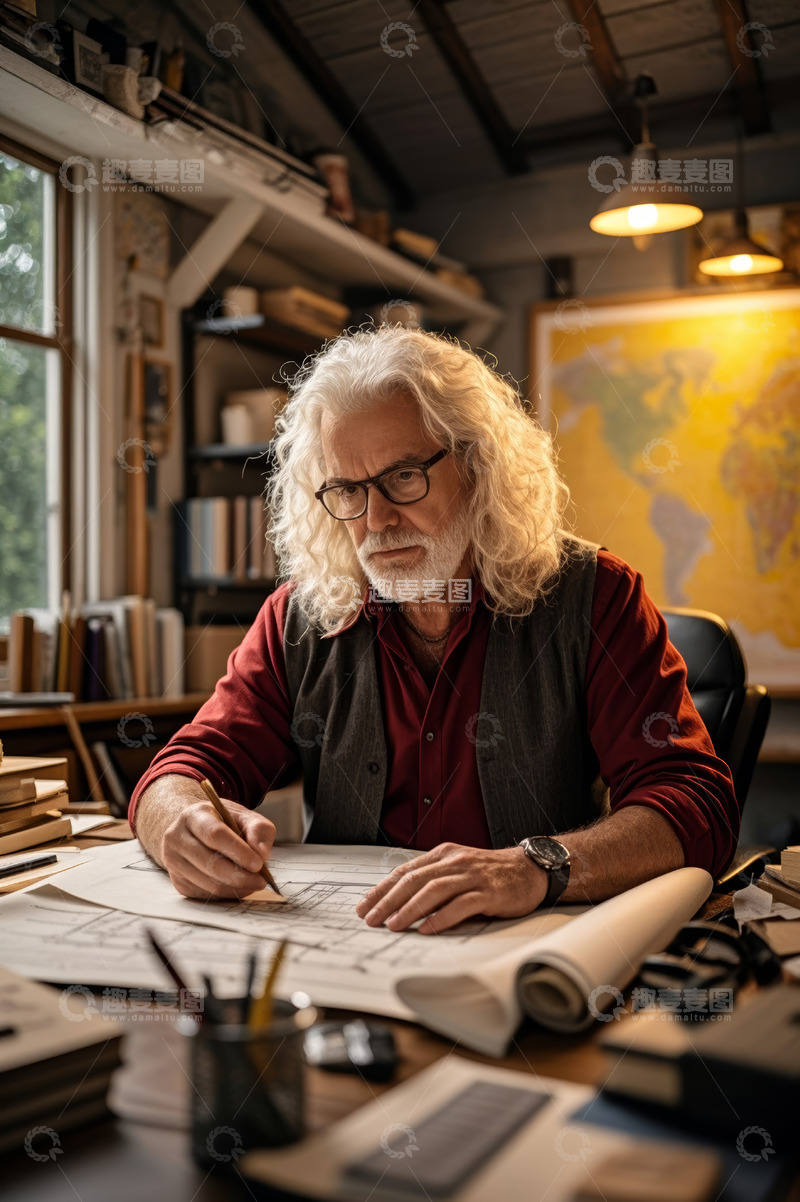 高清大图下载【趣麦麦图】白发老者于工作室绘制图纸