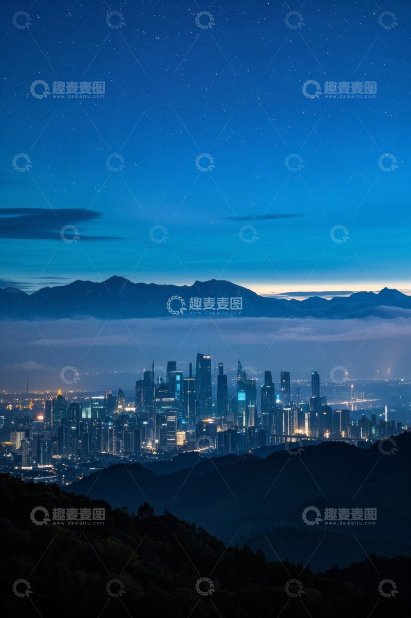 高清大图下载【趣麦麦图】城市夜景与远山星空全景