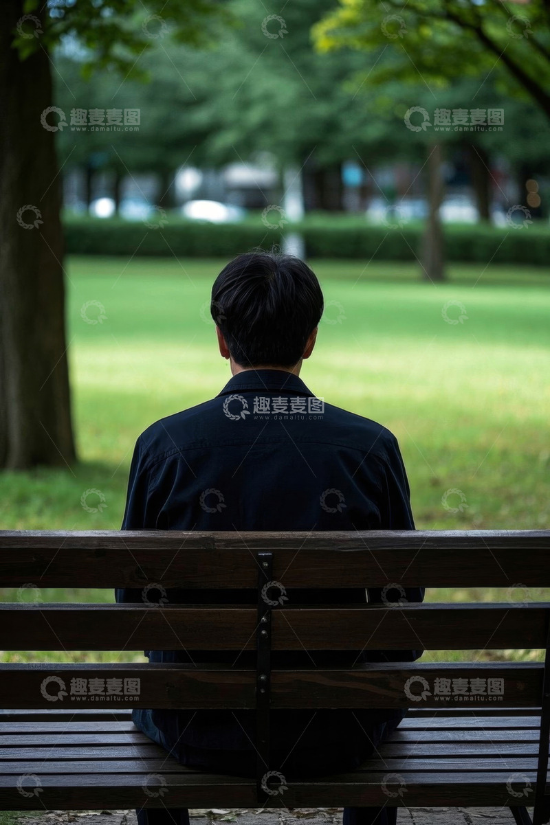 高清大图下载【趣麦麦图】男子于公园长椅休憩远望