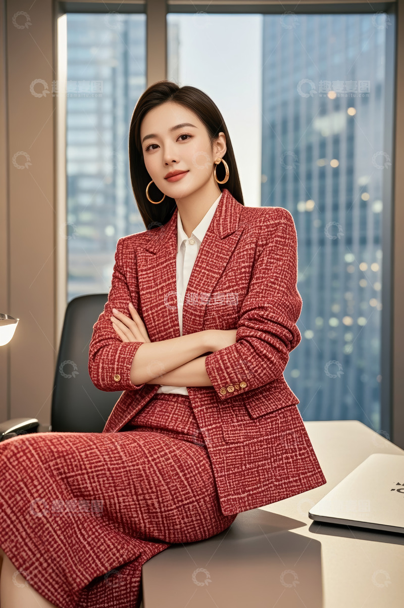 高清大图下载【趣麦麦图】身着红西装的职场女性