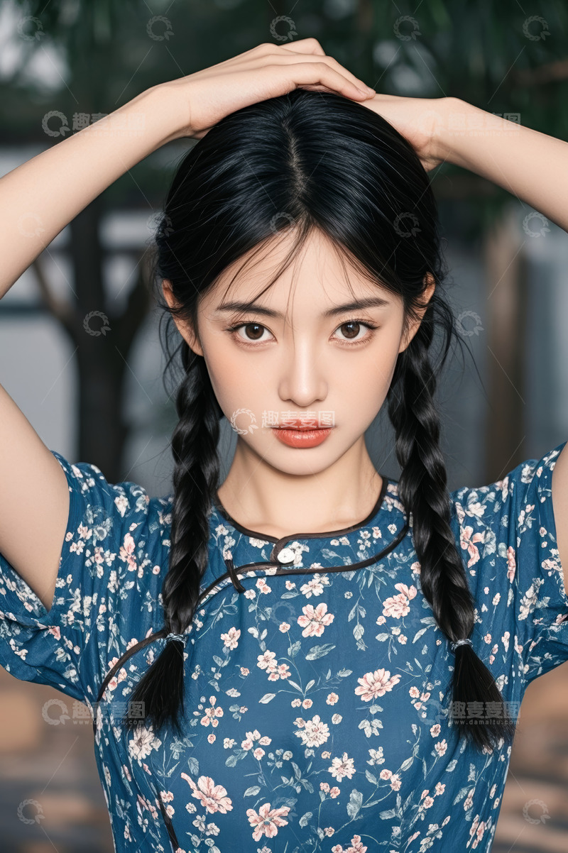 高清大图下载【趣麦麦图】扎双麻花辫女子双手抱头