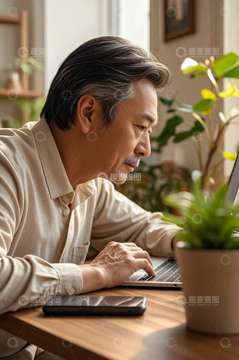 高清大图下载【趣麦麦图】室内老人使用笔记本电脑场景