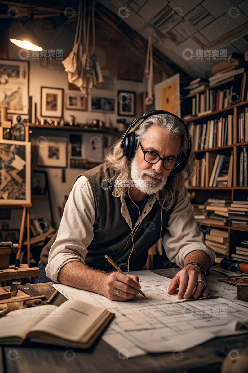 高清大图下载【趣麦麦图】戴耳机的老人伏案绘制图纸