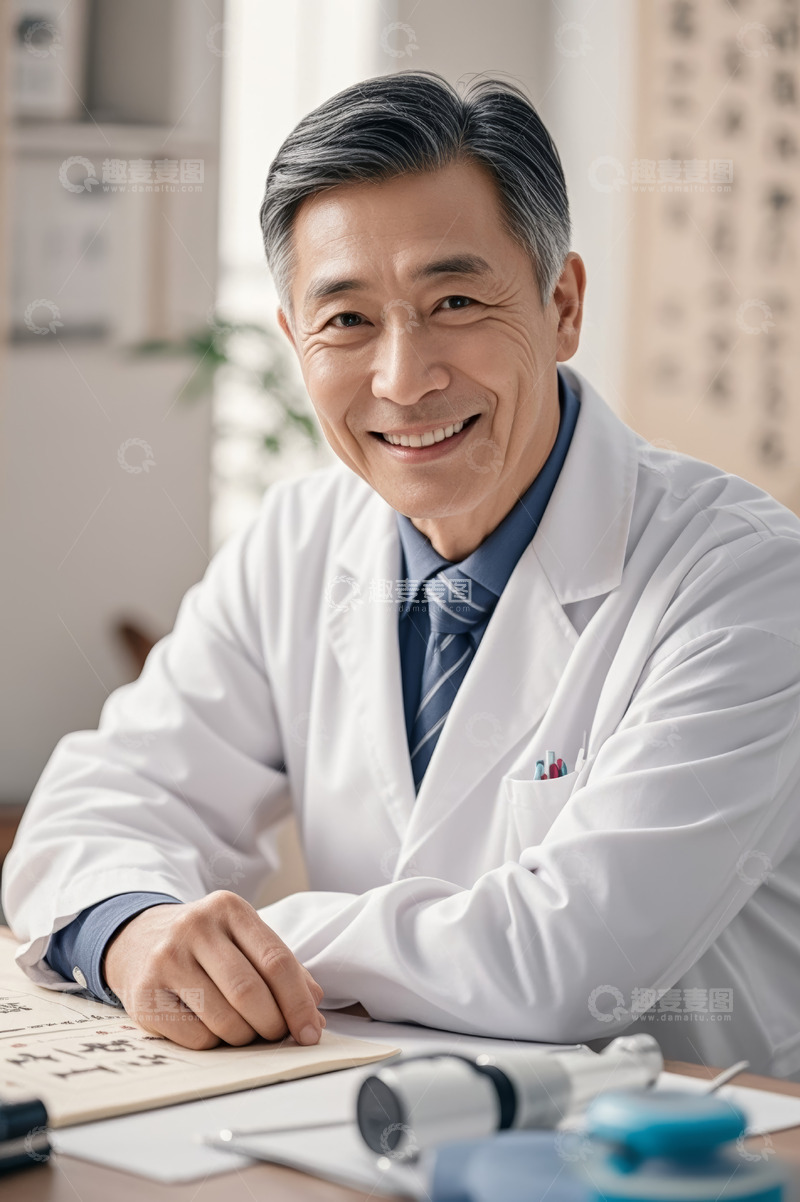 高清大图下载【趣麦麦图】微笑的医生坐在办公桌前