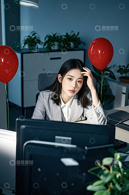 办公室女职员电脑前单手扶头