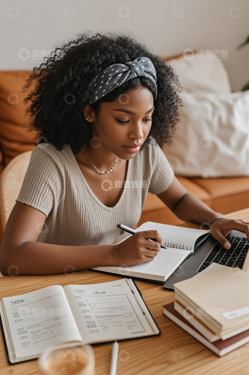 高清大图下载【趣麦麦图】居家女性使用笔记本电脑记笔记