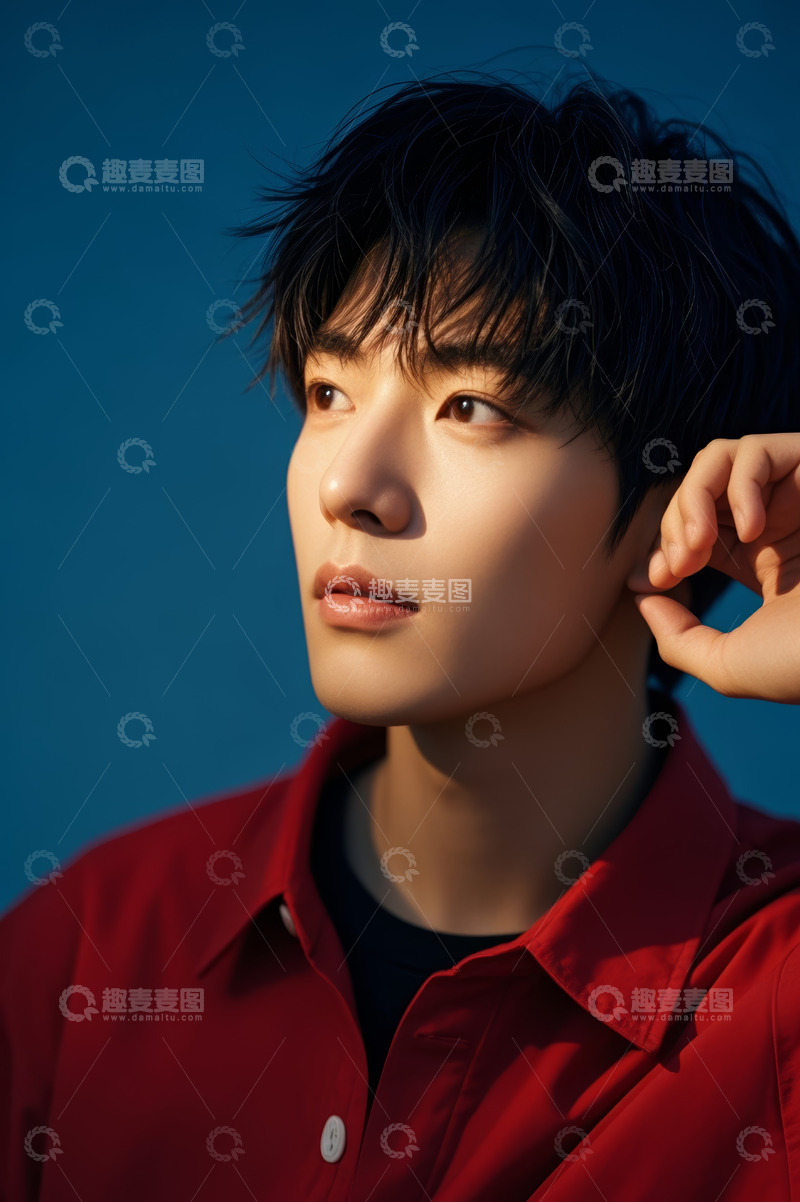 高清大图下载【趣麦麦图】红衣男子侧颜手部动作特写