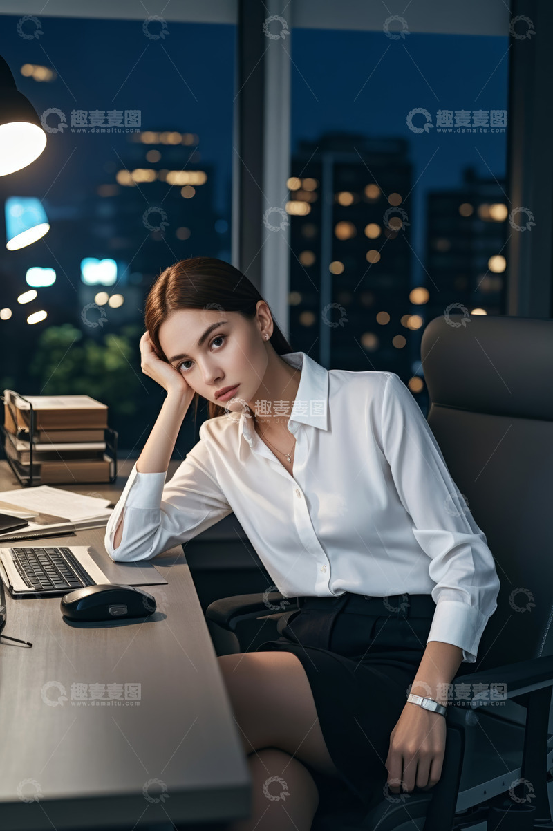 高清大图下载【趣麦麦图】夜晚办公室中疲惫的女职员