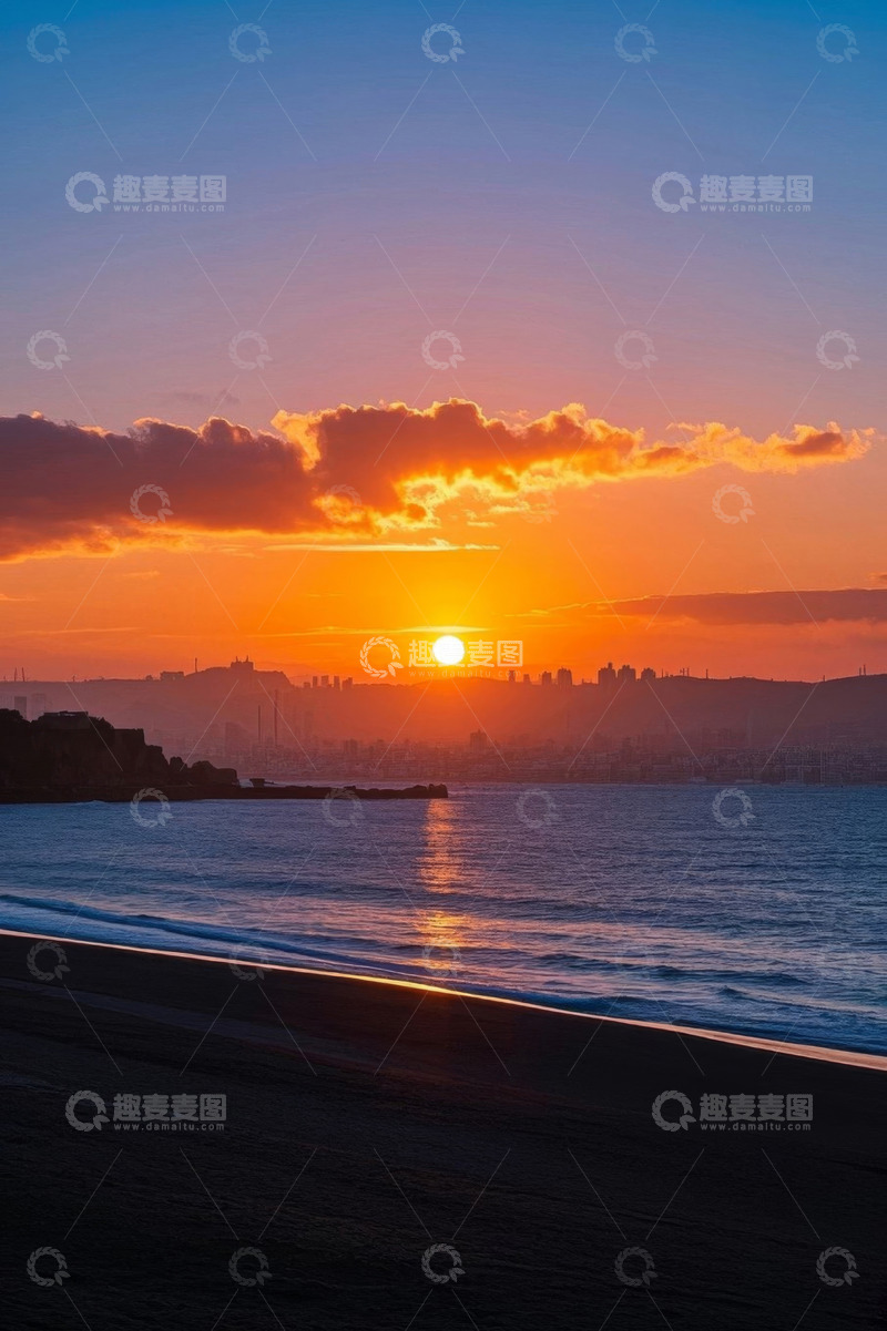 高清大图下载【趣麦麦图】海滩日落时分的城市与海景