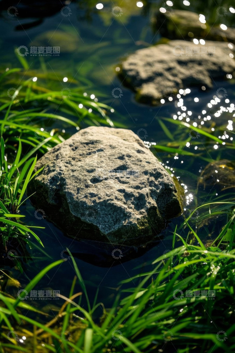 高清大图下载【趣麦麦图】水中岩石与水草自然景象