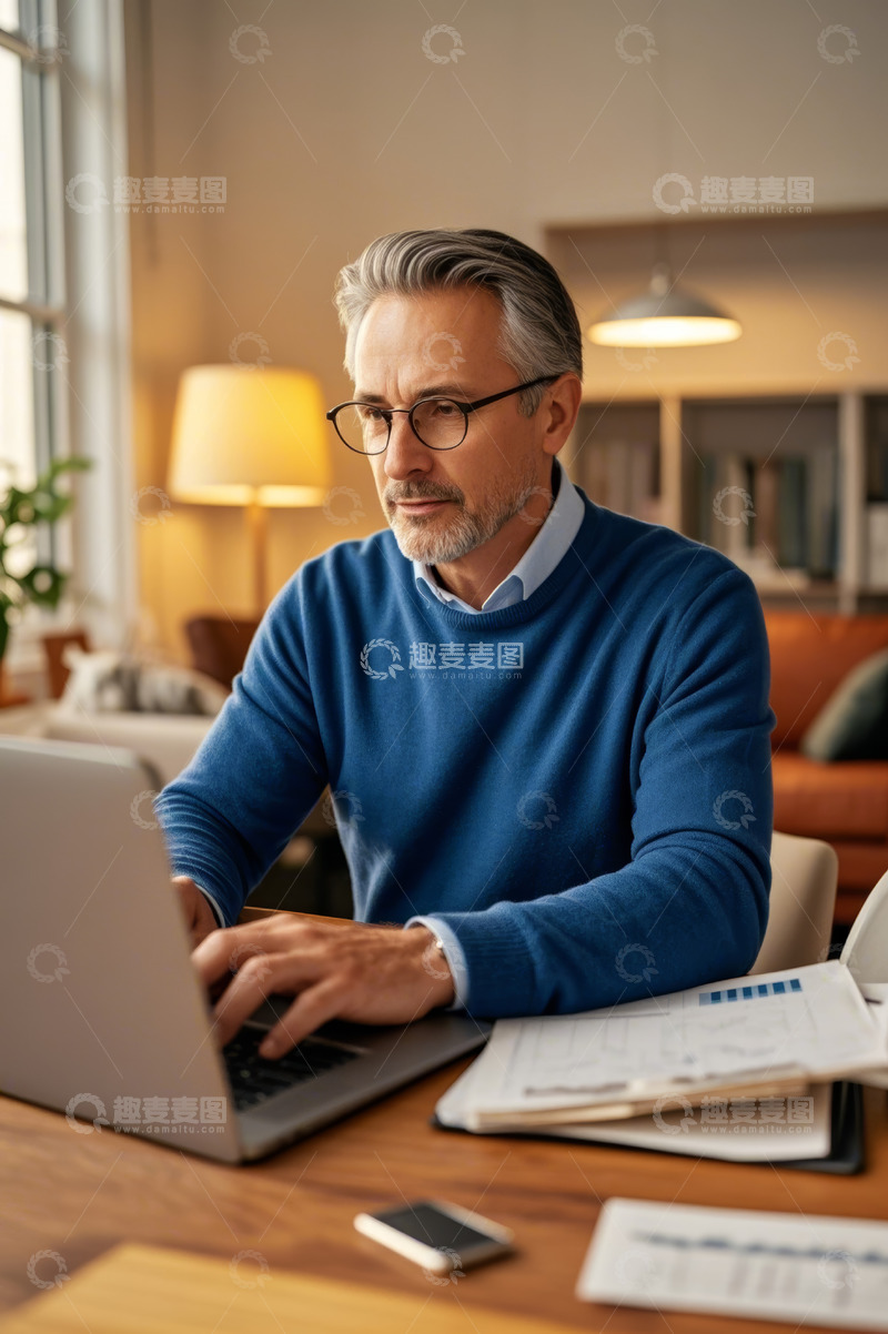 高清大图下载【趣麦麦图】中年男子居家使用笔记本电脑