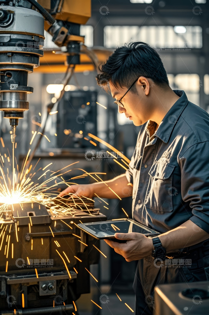 高清大图下载【趣麦麦图】工厂工人操作机械使用平板