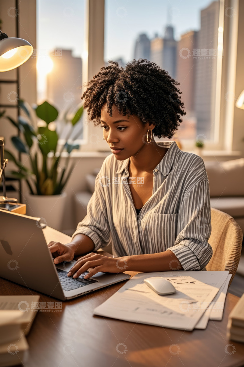 高清大图下载【趣麦麦图】非洲裔女性办公室使用笔记本电脑