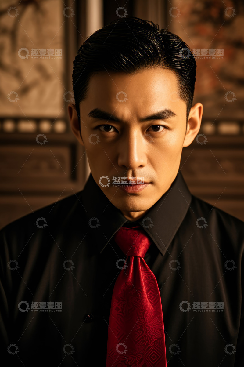 高清大图下载【趣麦麦图】穿黑衬衫系红领带的男子肖像
