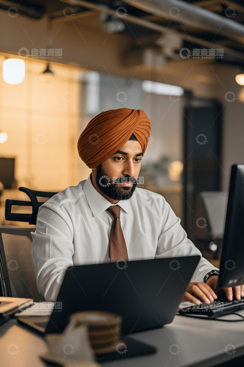 高清大图下载【趣麦麦图】戴头巾男性办公室使用笔记本电脑