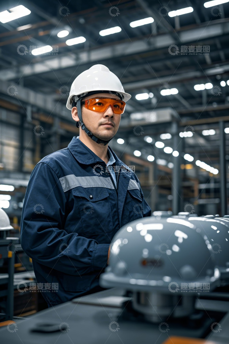 高清大图下载【趣麦麦图】工厂工人穿戴安全帽护目镜