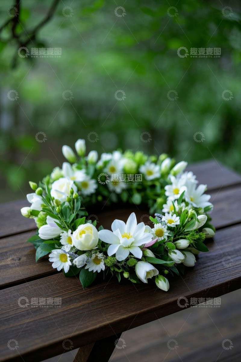 高清大图下载【趣麦麦图】木质桌面上的白色花卉花环