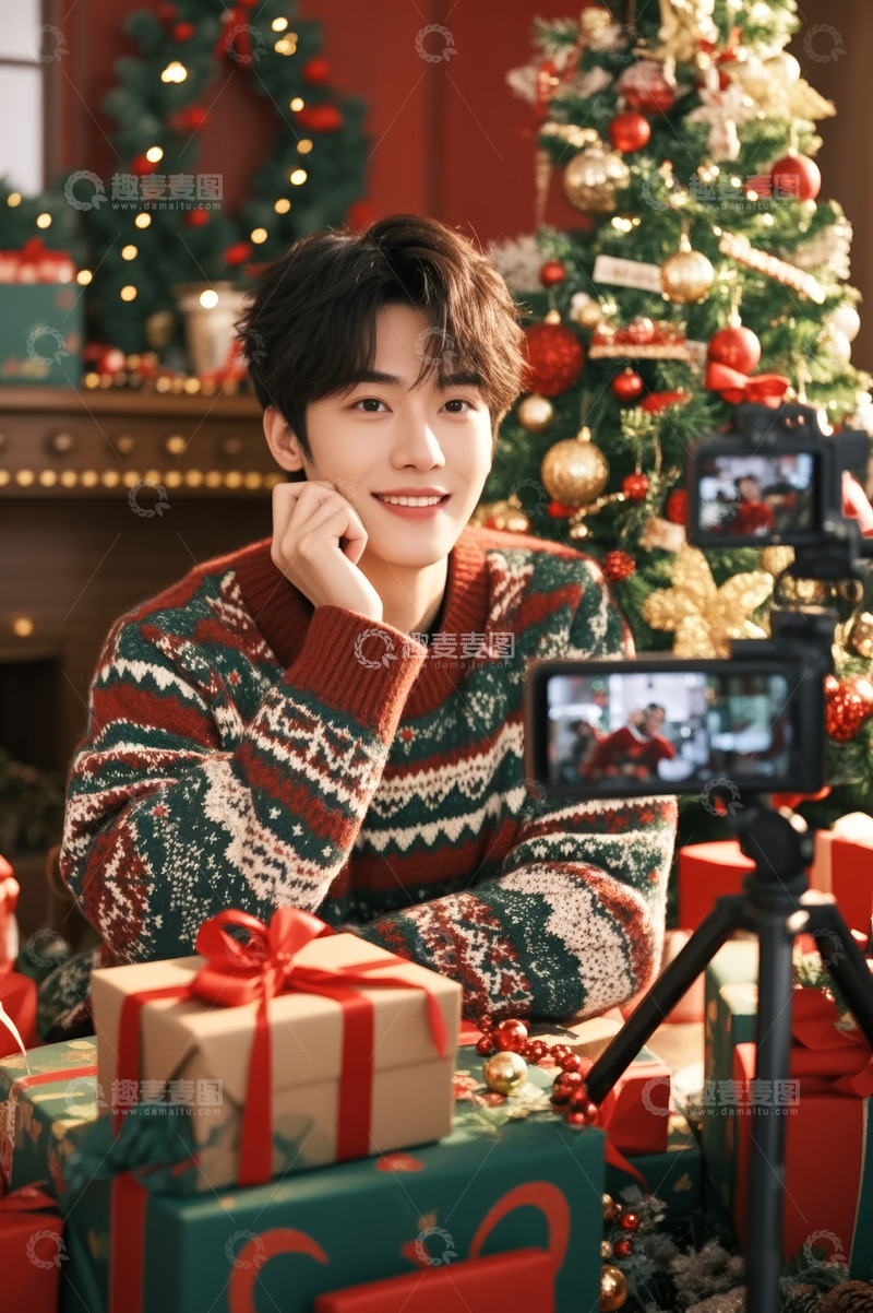 高清大图下载【趣麦麦图】男子于圣诞场景前镜头自拍