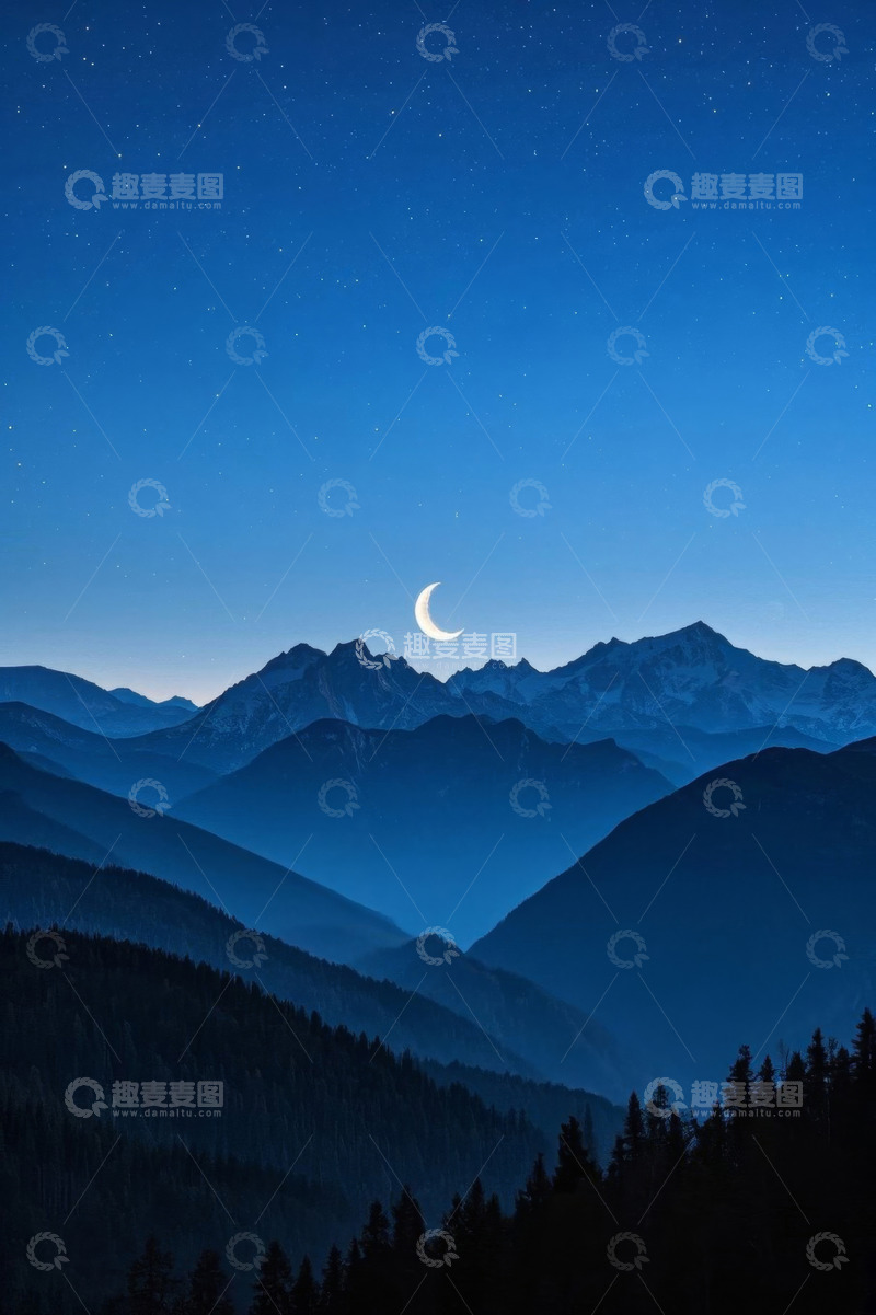 高清大图下载【趣麦麦图】夜空下的山峦与新月景观