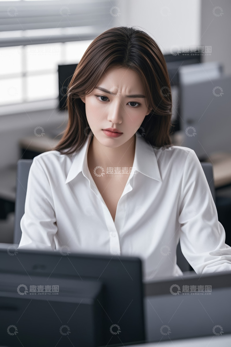 高清大图下载【趣麦麦图】办公室女职员专注看计算机