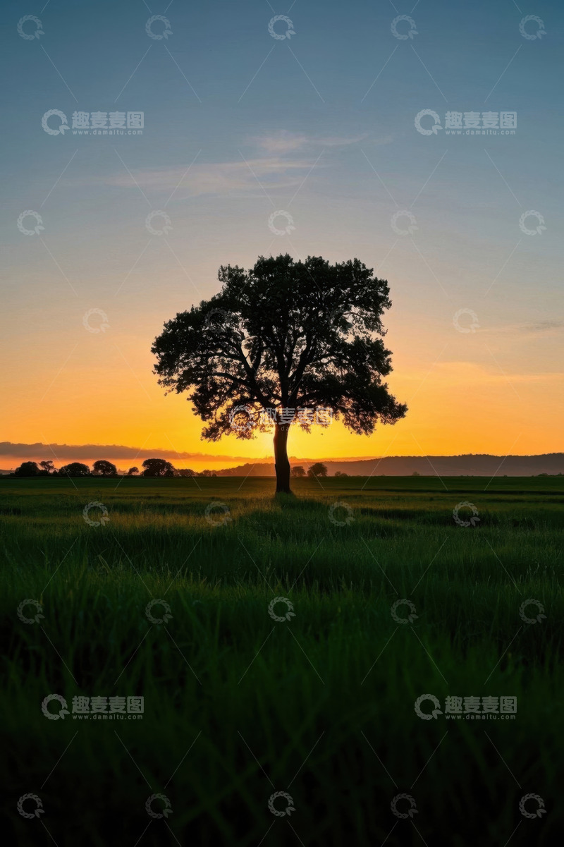 高清大图下载【趣麦麦图】田野中夕阳下的孤树景观
