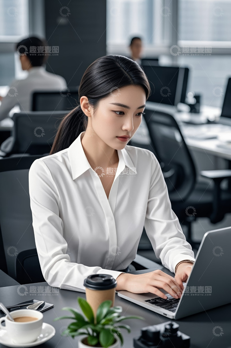 高清大图下载【趣麦麦图】女职员办公使用笔记本电脑