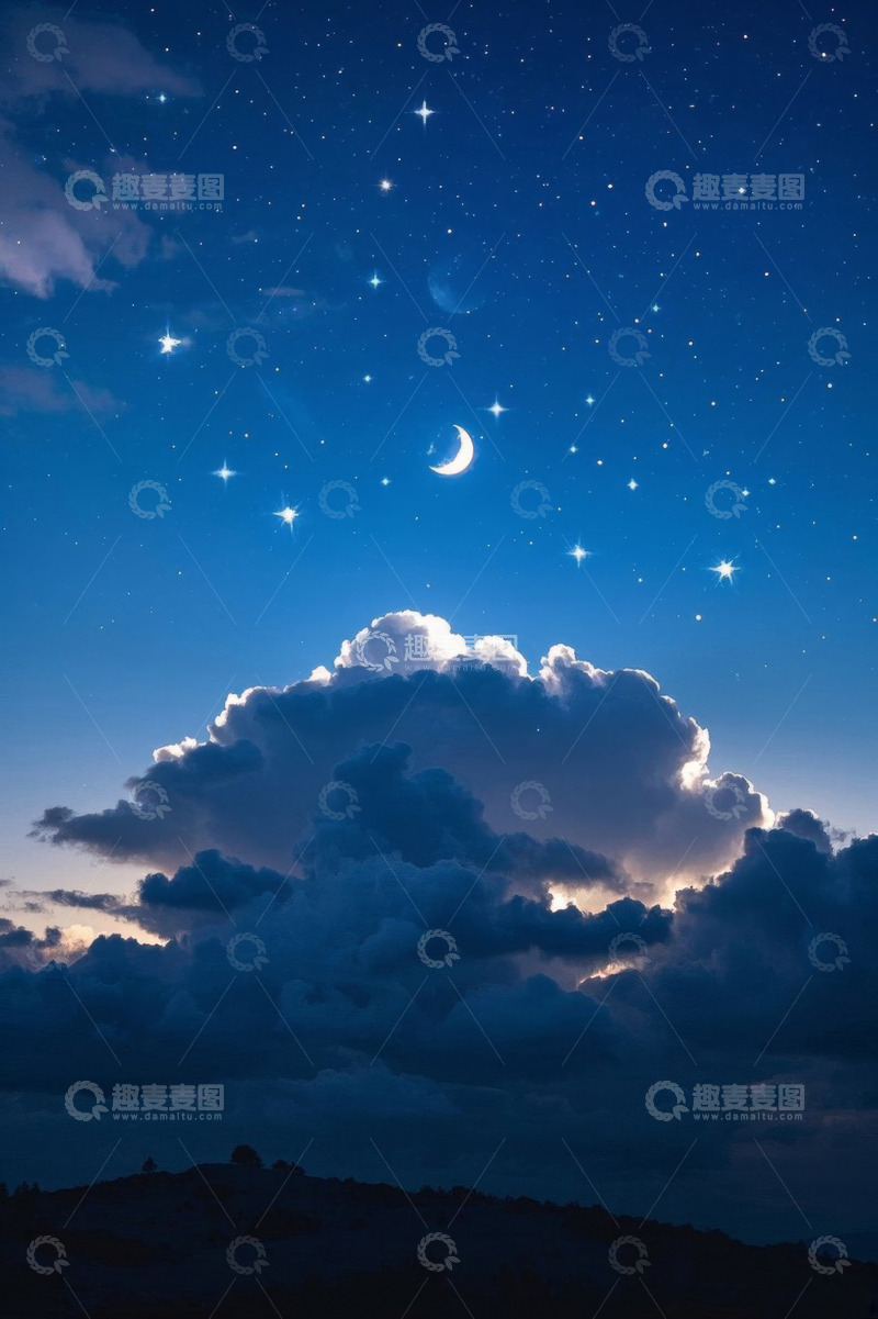 高清大图下载【趣麦麦图】夜空下的云朵与星月景象