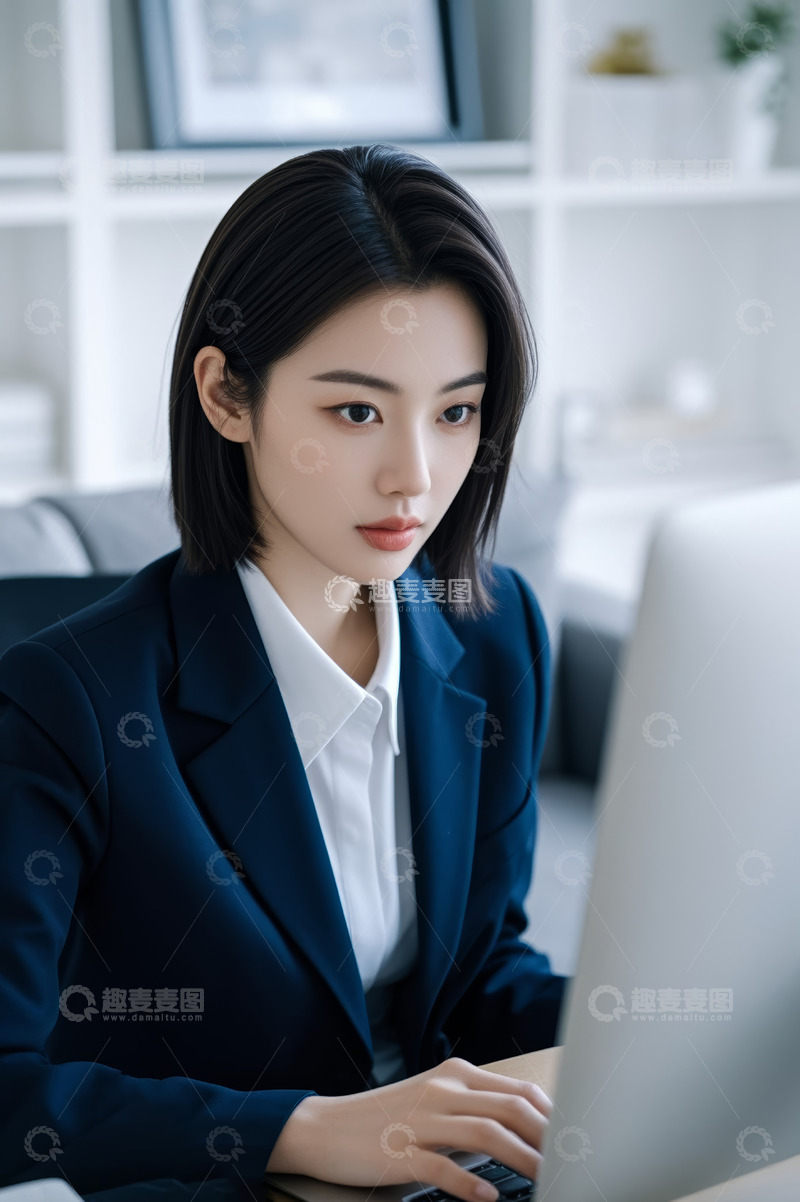 高清大图下载【趣麦麦图】青年女商人办公使用电脑画面