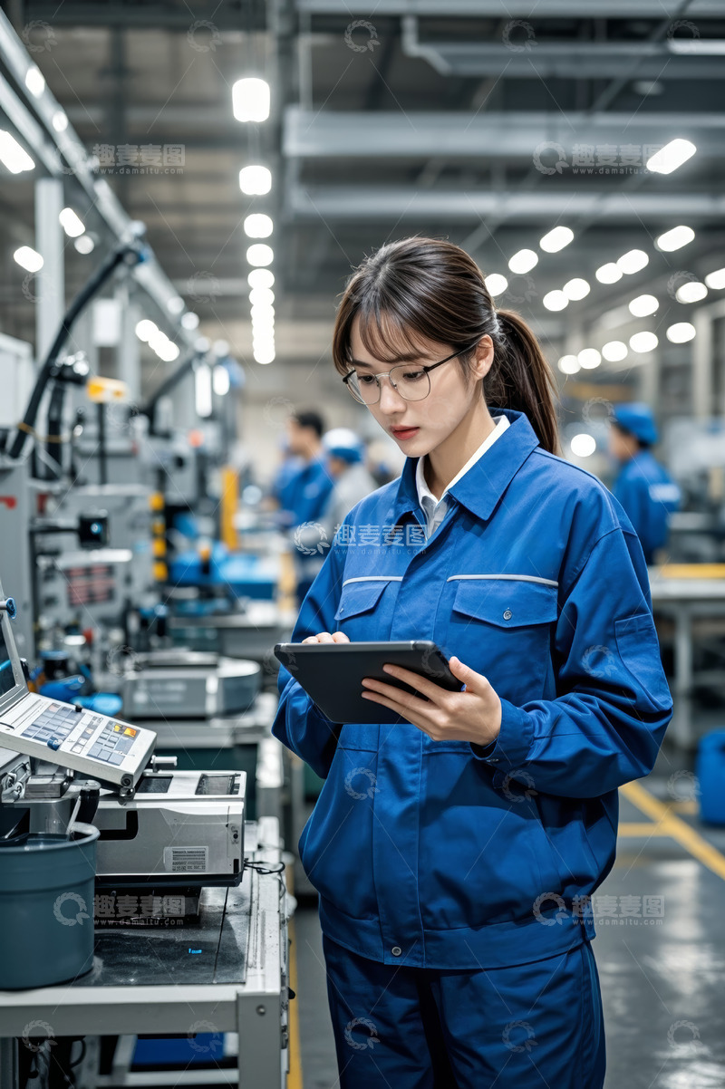 高清大图下载【趣麦麦图】工厂女工使用平板电脑工作