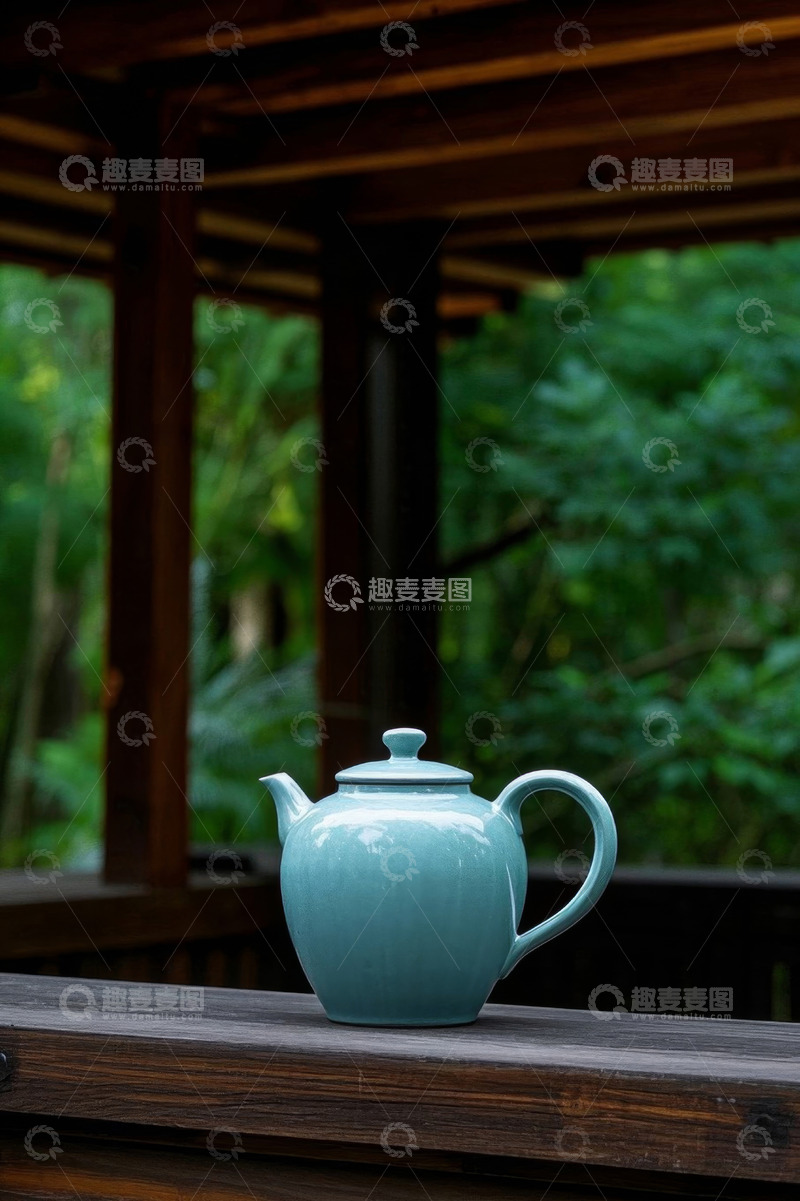 高清大图下载【趣麦麦图】木质平台上的青色陶瓷茶壶