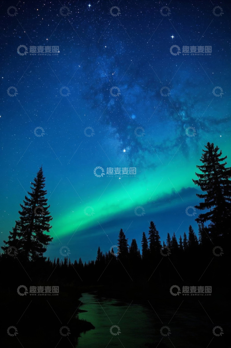 高清大图下载【趣麦麦图】森林夜空下的极光美景