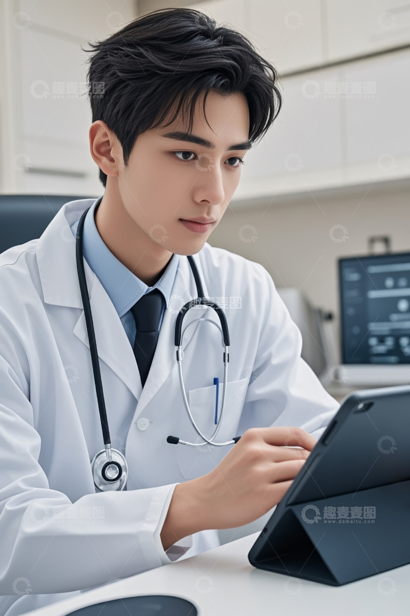 高清大图下载【趣麦麦图】年轻男医生使用平板电脑办公