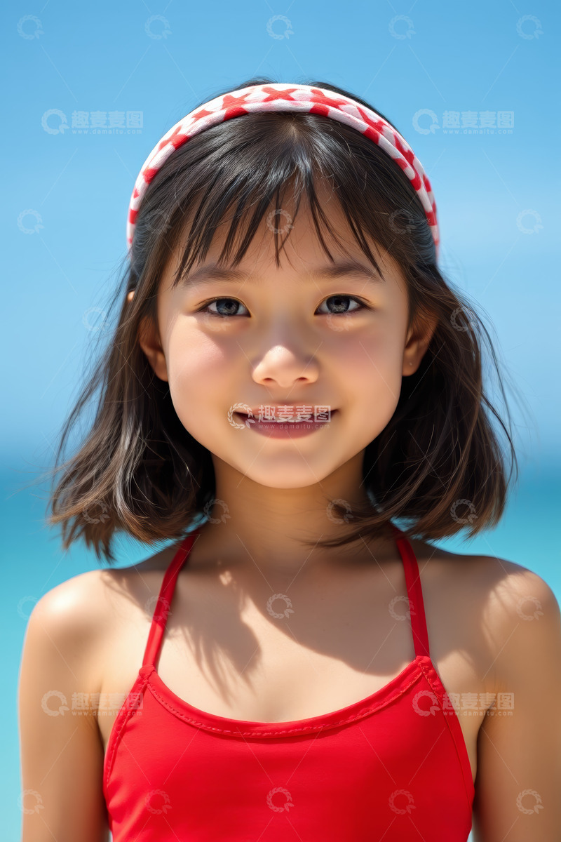 高清大图下载【趣麦麦图】海边穿红泳衣微笑的小女孩