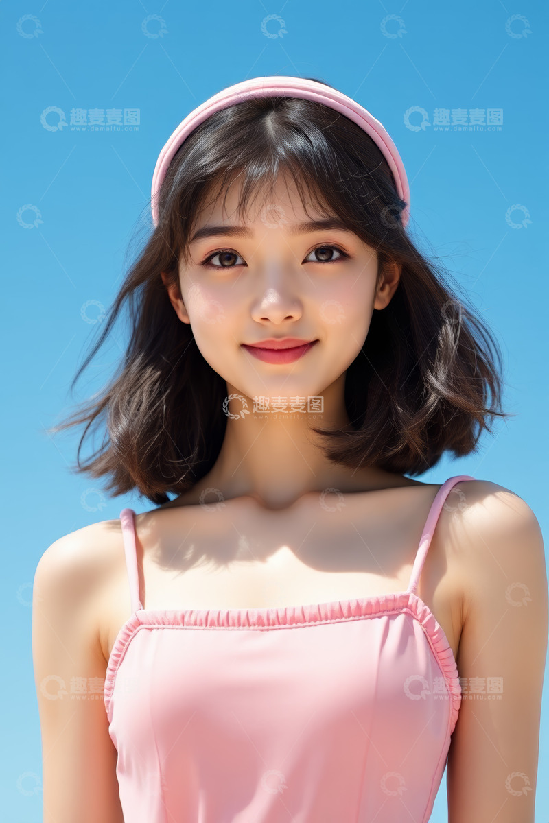 高清大图下载【趣麦麦图】穿粉色吊带微笑的年轻女性