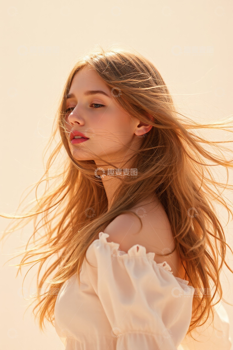 高清大图下载【趣麦麦图】金发女子露肩侧颜特写