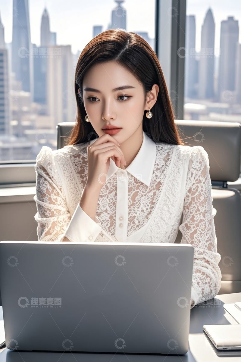 高清大图下载【趣麦麦图】亚洲女商人办公思考场景