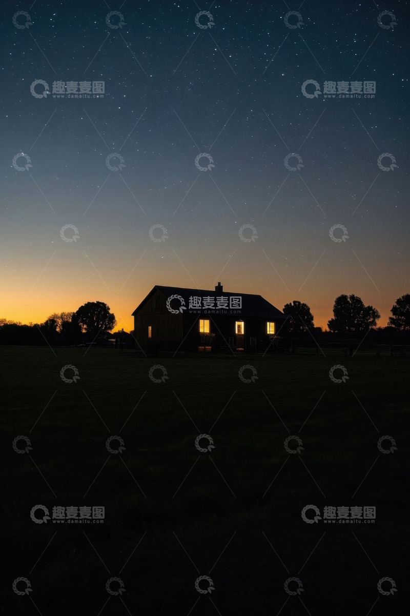 高清大图下载【趣麦麦图】夜晚星空下的乡村小屋