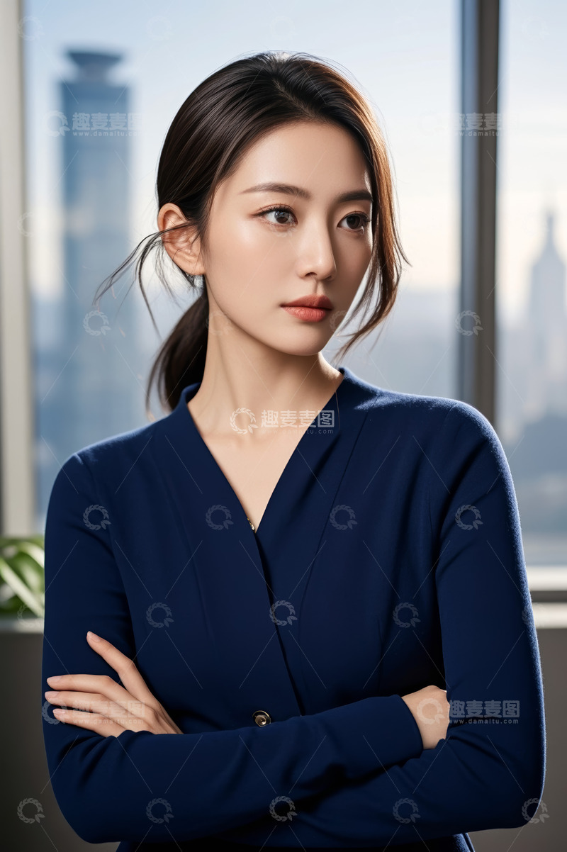 高清大图下载【趣麦麦图】商务女性双臂交叉窗边肖像