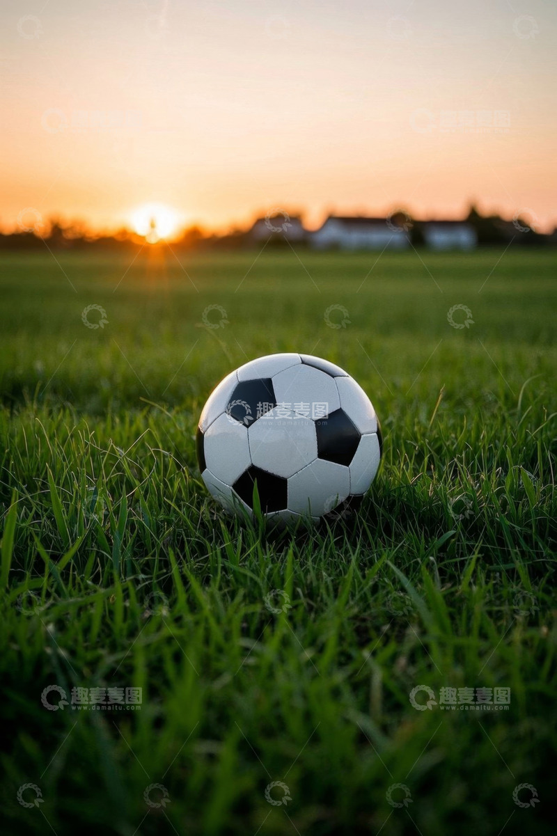 高清大图下载【趣麦麦图】草地上的足球与日落景象