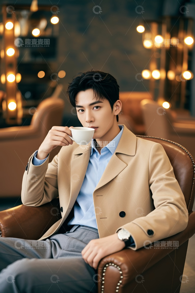 高清大图下载【趣麦麦图】男士坐在沙发上喝咖啡