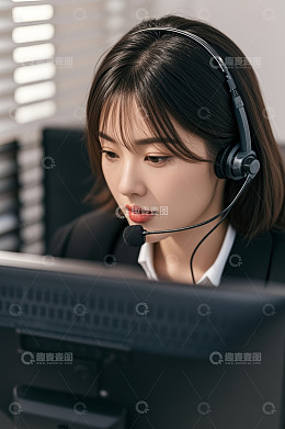女客服戴耳机专注看电脑