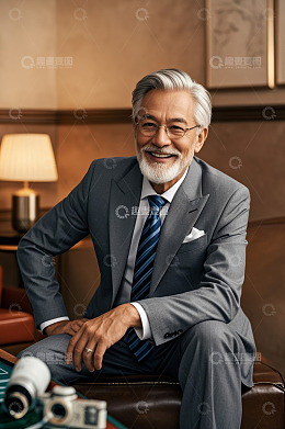 西装老人室内微笑坐姿