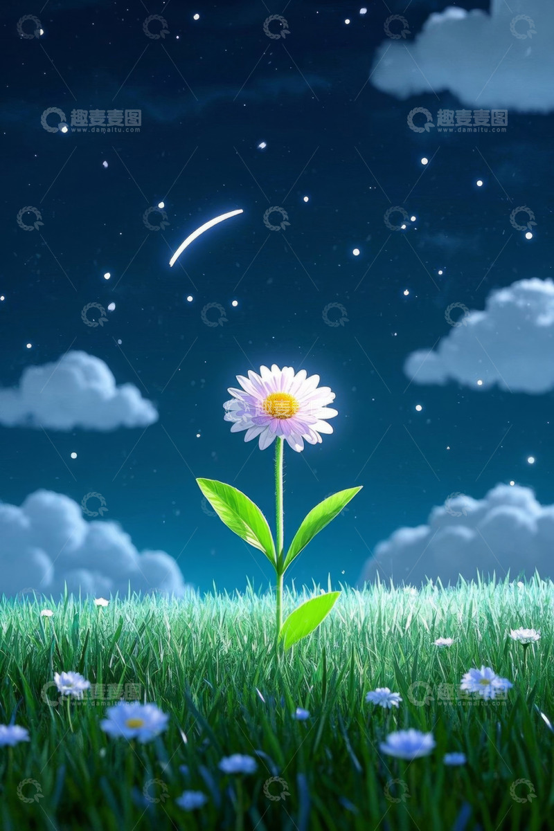 高清大图下载【趣麦麦图】夜空下草地上的雏菊