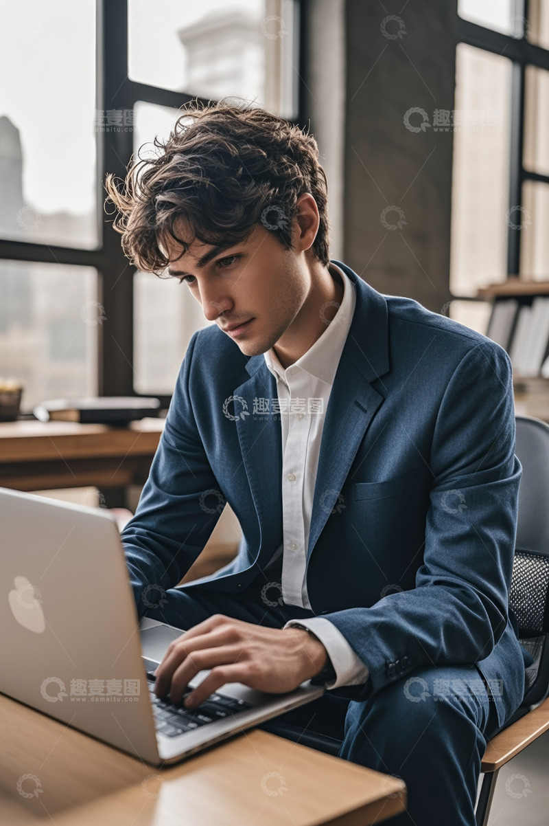 高清大图下载【趣麦麦图】西装男士专注使用笔记本电脑