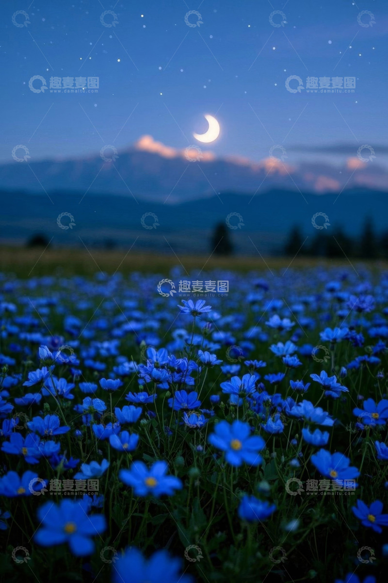 高清大图下载【趣麦麦图】月夜下的蓝色花海与远山景色