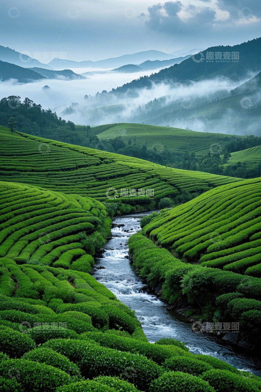 山间溪流旁的茶园风景