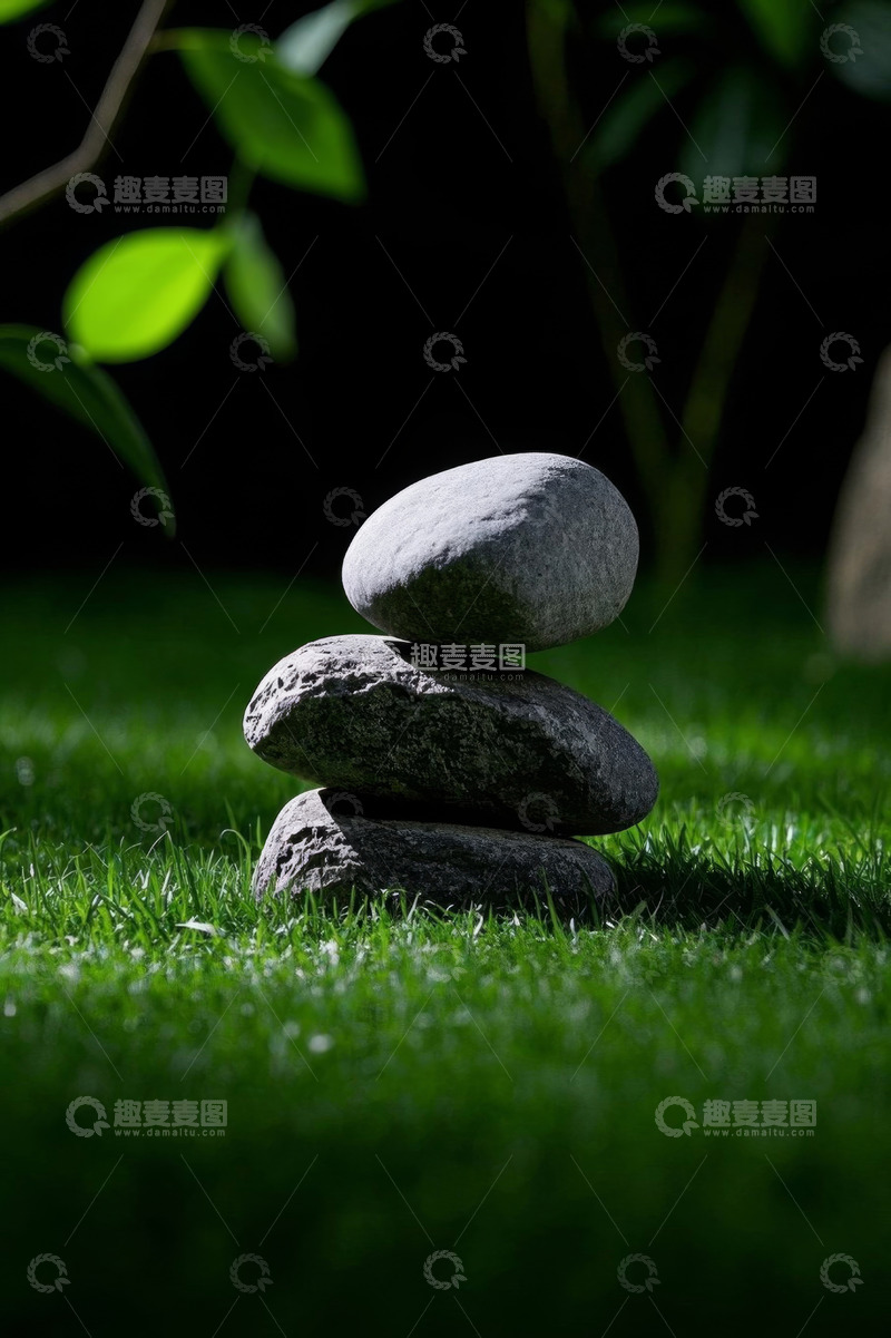 高清大图下载【趣麦麦图】草地上堆叠平衡的石头